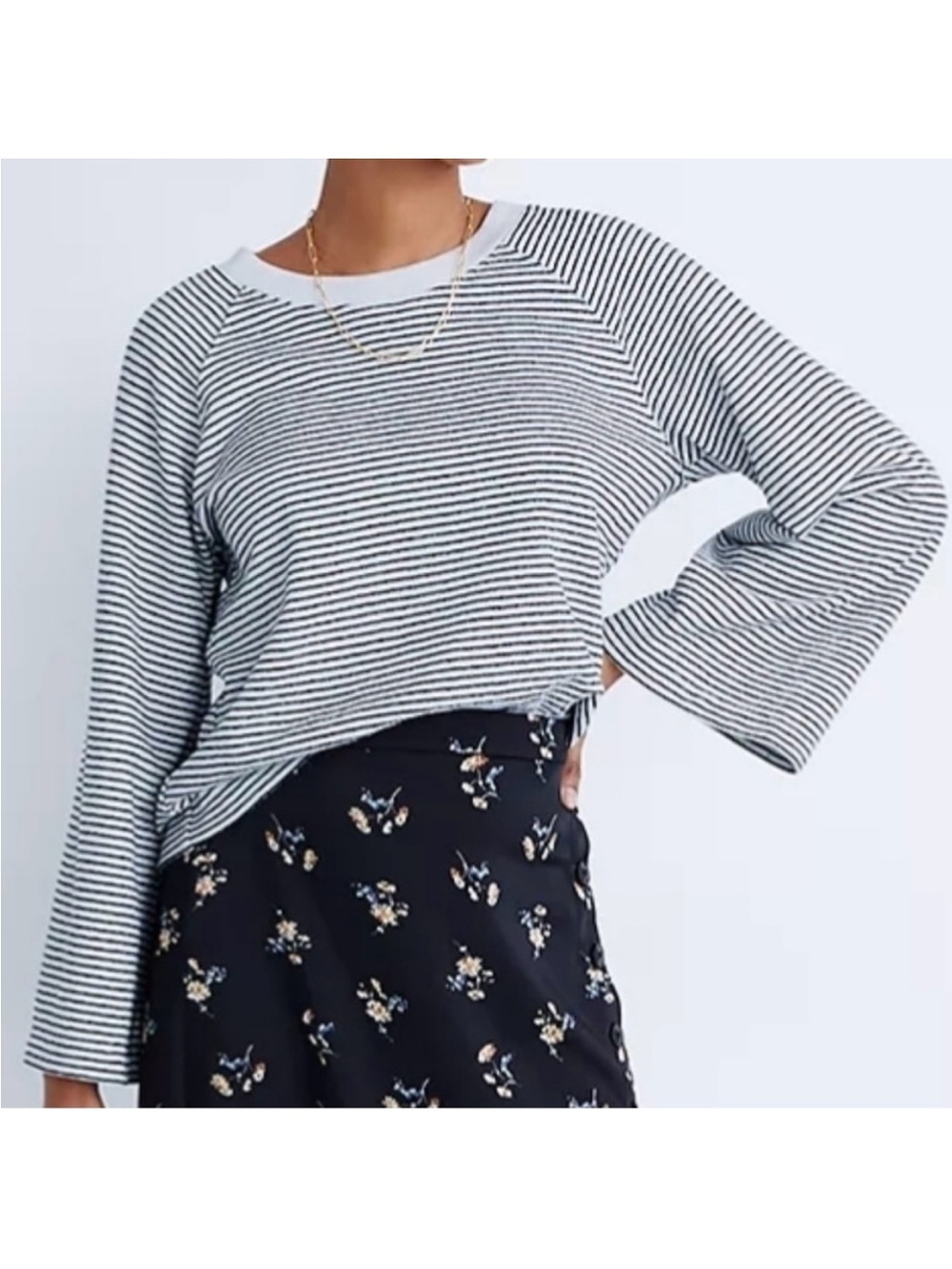 Madewell Striped Long-Sleeve Top Black White Cotton Wide Sleeve Cropped Boxy Med